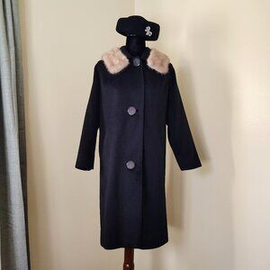 Vintage 50s/60s Black Wool Dress Coat Overcoat w/ Fur Collar ILGWU Made